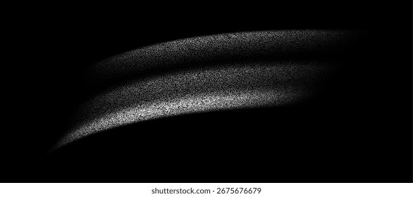 Forma ondulada texturizada de grãos. Elemento de ruído branco abstrato de gradiente. Pontilhado de fluido, respingos de meio-tom, ponto. Isolado no plano de fundo preto. Ilustração vetorial.