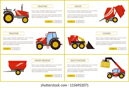 Grain trailer and baler, bale stacker and tractor. Agricultural devices set of posters with text sample. Machines and mechanisms for farming vector