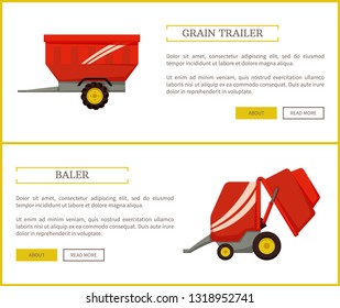 Grain trailer and baler set of poster with text sample. Container for transportation and device for compressing dey hay into cubes for storage vector