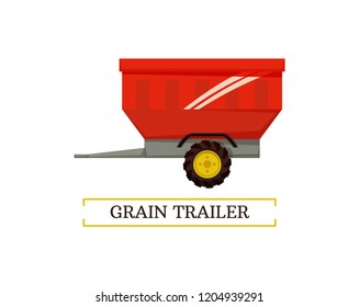 Grain trailer wheel and container isolated icon vector with text. Reservoir for transportation of farming crops and goods. Industrial device transit