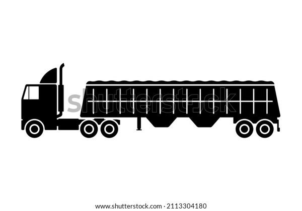 Grain truck icon. Tractor with\
semi-trailer. Black silhouette. Side view. Vector simple flat\
graphic illustration. Isolated object on a white background.\
Isolate.
