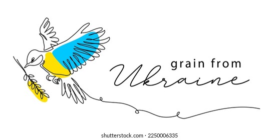 Grain from Ukraine concept. Great tit bird vector pattern in blue and yellow colors with wheatear. One continuous line art drawing Graine from Ukraine initiative illustration.