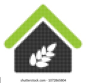 Grain Warehouse halftone vector pictogram. Illustration style is dotted iconic Grain Warehouse icon symbol on a white background. Halftone pattern is circle dots.