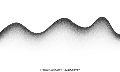 Grain wave background. Stippled texture hills. Abstract landscape in dotwork style. Black noise and sand gradient effect. Stochastic dotted background.