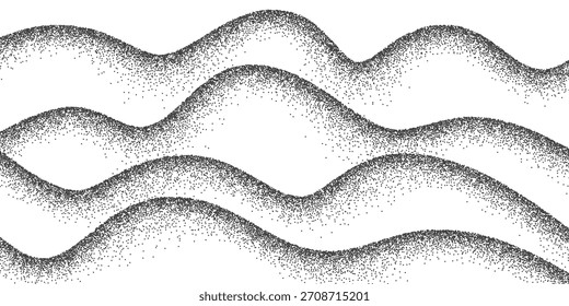 Fondo ondulado del grano. Ondas punteadas de puntos, líneas punteadas de ruido negro con textura de arena y efecto granulado. Montaña, postre, duna, paisaje acuático. Ilustración vectorial Abstractas.