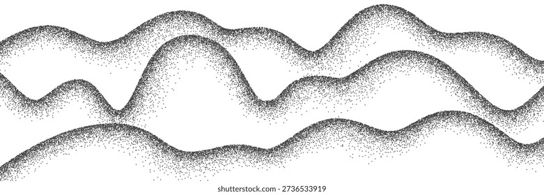 Grain wavy background. Dot stipple waves, black noise dotted lines with sand texture and grainy effect. Mountain, dessert, dune, water landscape. Abstract vector illustration.