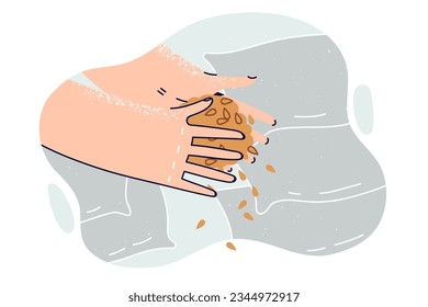 Grain of wheat in hands of man growing cereals for production of food and fresh bread from organic flour. Human takes grain of hops out of bag to make craft beer or ale for bars and restaurants