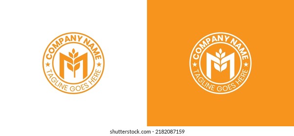 Símbolo del icono Diseño del logotipo del concepto de trigo con grano. Letra M Logotipo de cosecha de trigo de grano. Plantilla de logotipo de ilustración de vector