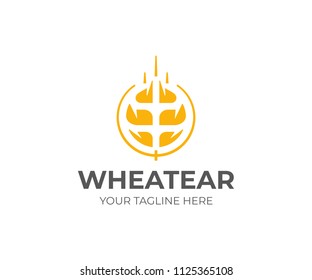 Grain wheat logo template. Round wheat ear vector design. Paddy rice plant logotype