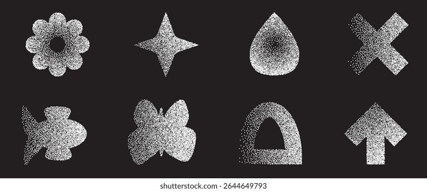 Grain white noise gradient geometric shape set. Y2k retro chalk drawing fish, drop with flower forms. Gritty grunge butterfly and star icons on dark background. Vector stippling illustration.