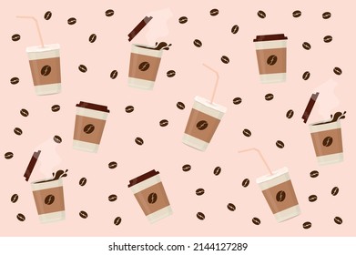 grains of black roasted fresh coffee with paper cups latte espresso cappuccino texture pattern