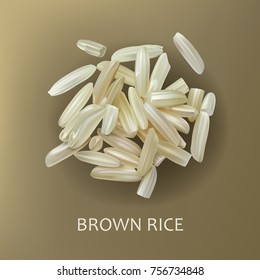 Grains Of Brown Long Grain Rice, Isolated On A Brown Background, Realistic Vector. Healthy Diet, Vegetarian Food, Design Element