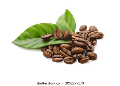 Grains of coffee with leaves on a white background. 3d vector illustration