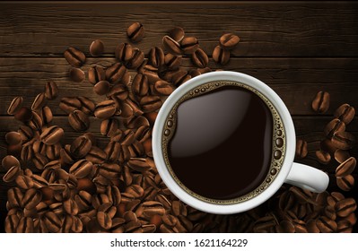 Grains of coffee are scattered on a wooden table and among them is a white cup with coffee  High detailed realistic illustration
