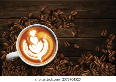 Grains of coffee are scattered on a wooden table and among them is a white cup with coffee latte. Hearts shaped pattern in a cup. High detailed realistic illustration.