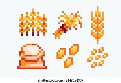 Grains: wheat, barley, rye pixel art set. Agriculture crops collection. 8-bit sprite. Game development, mobile app.  Isolated vector illustration.