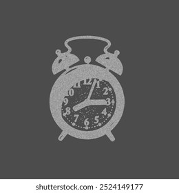 Grainy alarm clock retro negative photocopy effect. Vintage stipple grey dots texture for grunge art. Y2K aesthetic vector design element. 90s style time reminder watch sticker
