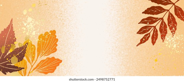 Grainy autumn background with leaves and berries with golden splash.