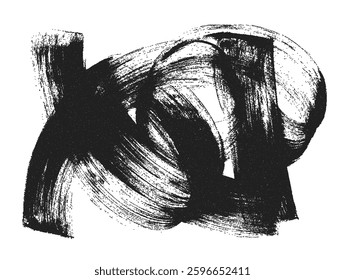 Grainy black thick swirled brush stroke with spray texture. Abstract vector stipple background with curly brush stroke. Abstract stipple sand effect, gradient banner from dots with rough texture.