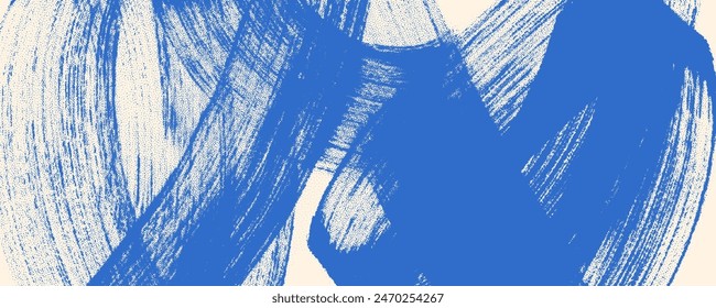 Grainy blue bold brush stroke with spray texture. Hand drawn distress damaged edge vintage template, banner. Grainy bold brush strokes texture with small dots. Retro vector background for posters.