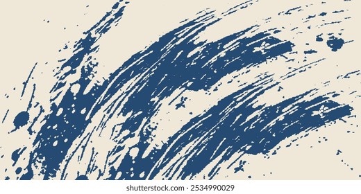 Grainy blue bold brush stroke with spray texture. Hand drawn distress damaged edge vintage template, banner.