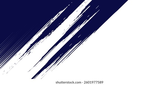 Grainy blue bold brush stroke with spray texture. Hand drawn distress damaged edge vintage template, banner. Grainy bold brush strokes texture with small dots. Retro vector background for posters.