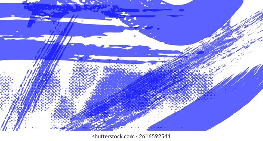 Grainy blue bold brush stroke with spray texture. Hand drawn distress damaged edge vintage template, banner. Grainy bold brush strokes texture with small dots. Retro vector modern background.