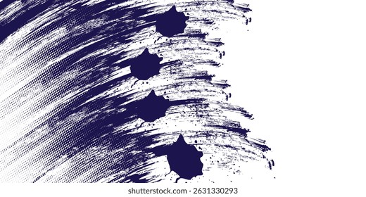 Pincelada azul granulada con textura en spray. Plantilla vintage de borde dañado de distrés dibujado a mano, Anuncio. Textura granulada de trazos de pincel con puntos Pequeños. Fondo de Vector retro para carteles.