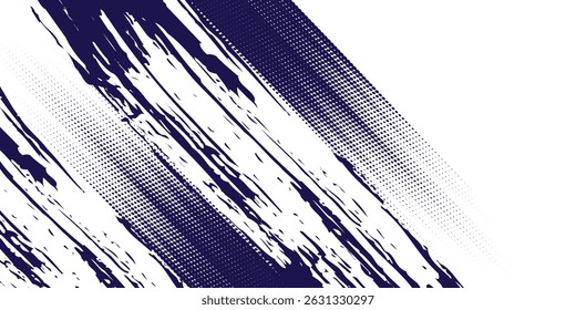 Grainy blue bold brush stroke with spray texture. Hand drawn distress damaged edge vintage template, banner. Grainy bold brush strokes texture with small dots. Retro vector background for posters.