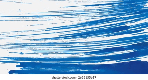 Grainy blue bold brush stroke with spray texture. Hand drawn distress damaged edge vintage template, banner. Grainy bold brush strokes texture with small dots. Retro vector background for posters.