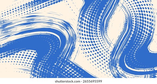 Grainy blue bold brush stroke with spray texture. Hand drawn distress damaged edge vintage template, banner. Grainy bold brush strokes texture with small dots. Retro vector background for posters.