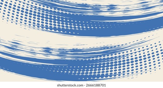 Grainy blue bold brush stroke with spray texture. Hand drawn distress damaged edge vintage template, banner.