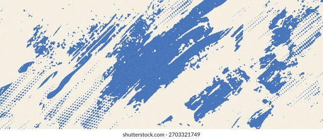 Pincelada azul granulada con textura en spray. Plantilla vintage de borde dañado de distrés dibujado a mano, Anuncio.