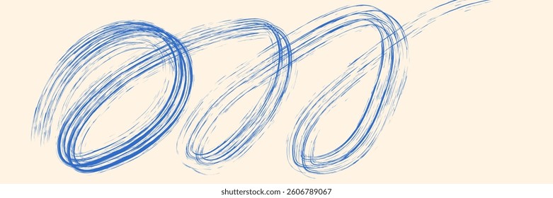 Grainy blue spiral brush stroke with spray texture. Hand drawn distress damaged edge vintage banner with spiral bold line. Grainy bold brush strokes texture with scattered tiny dots. 