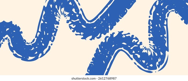 Grainy blue spiral brush stroke with spray texture. Hand drawn distress damaged edge vintage banner with spiral bold line. Grainy bold brush strokes texture with scattered tiny dots. art