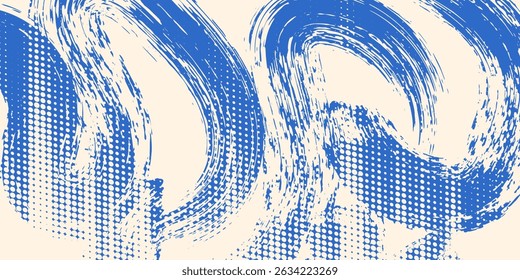 Grainy blue spiral brush stroke with spray texture. Hand drawn distress damaged edge vintage banner with spiral bold line. Grainy bold brush strokes texture with scattered tiny dots.