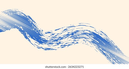 Grainy blue spiral brush stroke with spray texture. Hand drawn distress damaged edge vintage banner with spiral bold line. Grainy bold brush strokes texture with scattered tiny dots. Retro background.