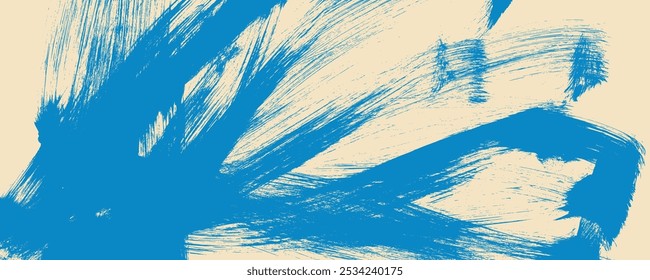 Grainy blue spiral brush strokes with spray texture. Hand drawn horizontal banner with thick blue curved brush strokes. Distress texture background with scattered tiny dots. Retro background.