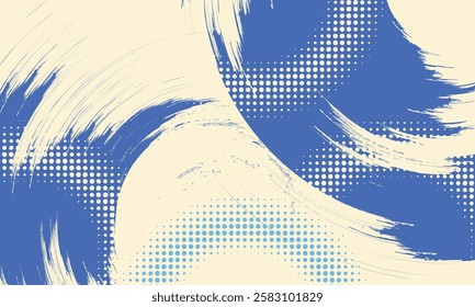 Grainy blue spiral brush strokes with spray texture. Hand drawn horizontal banner with thick blue curved brush strokes. Distress texture background with scattered tiny dots. Retro background.
