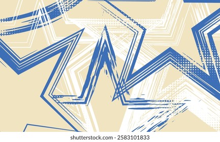 Grainy blue spiral brush strokes with spray texture. Hand drawn horizontal banner with thick blue curved brush strokes. Distress texture background with scattered tiny dots. Retro background.