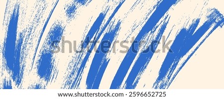 Grainy blue spiral and curly brush stroke with spray texture. Vector grunge texture with brush drawn squiggles, swirl thick line. Grunge blue background with grainy dust smears. Blue background.