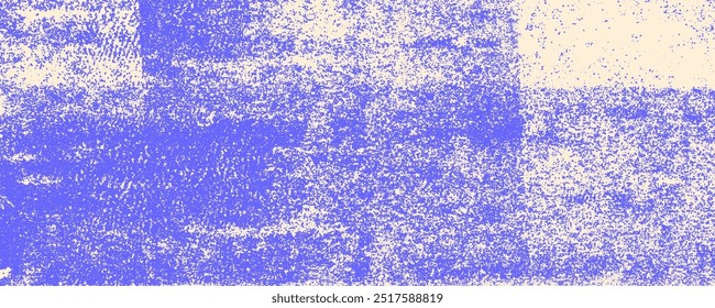 Textura azul granulada com efeito de papel dobrado. Textura de borrifo desenhado à mão, traçados de pincel grunge. Fundo de meio-tom de ruído de vetor retro. Efeito de grãos de areia, traço de selo. Fundo de grão de ruído.