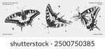 Grainy butterflies with a retro photocopy effect. Modern butterfly design in black. Y2K stickers for design. Nature and insects. For posters, social media, banners