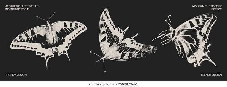 Grainy butterflies with a retro photocopy effect in negative color. Modern butterfly design for collage. Y2K stickers for design. Nature and insects. For posters, social media, banners