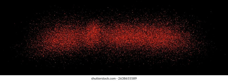 Grainy chilli powder splashing on black table or countertop top view. Grunge pepper texture. Oval trace of red paprika particles on surface. Vector illustration