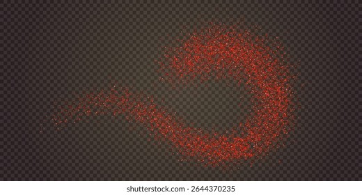Redemoinho em pó de pimenta granulado na mesa preta ou vista superior do balcão. Textura de pimenta grunge. Traço de partículas de paprica vermelha na superfície. Ilustração vetorial