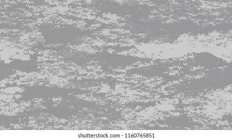 Grainy Distress Grunge Brush Texture. Cartoon Cracked Noisy Surface Pattern Design. Polka Dots Style Texture. White and Gray Noise Fashion Print Design Pattern.
