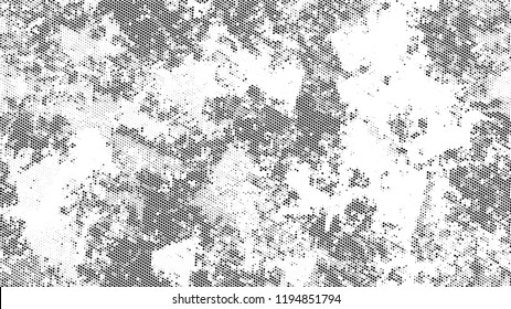 Grainy Distress Grunge Brush Texture. Retro Spotted Pattern. Faded Dyed Style Texture. Black and White Monochrome Print Design Pattern.