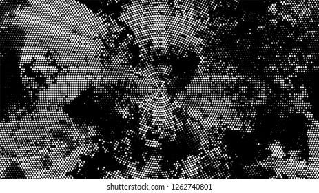 Grainy Distress Grunge Brush Texture. Rough Grungy Pattern Design. Polka Dots Style Texture. Black and White Monochrome Print Design Pattern.