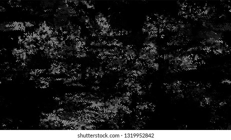 Grainy Distress Grunge Brush Texture. Cartoon Cracked Noisy Surface Pattern Design. Scatter Style Texture. Black and White Broken, Spotted Print Design Pattern.